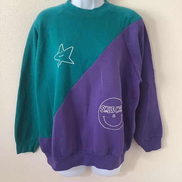 Vintage 90s Green Purple Patchwork Embroidered DIY Upcycled Sweatshirt Large - Picture 1 of 10